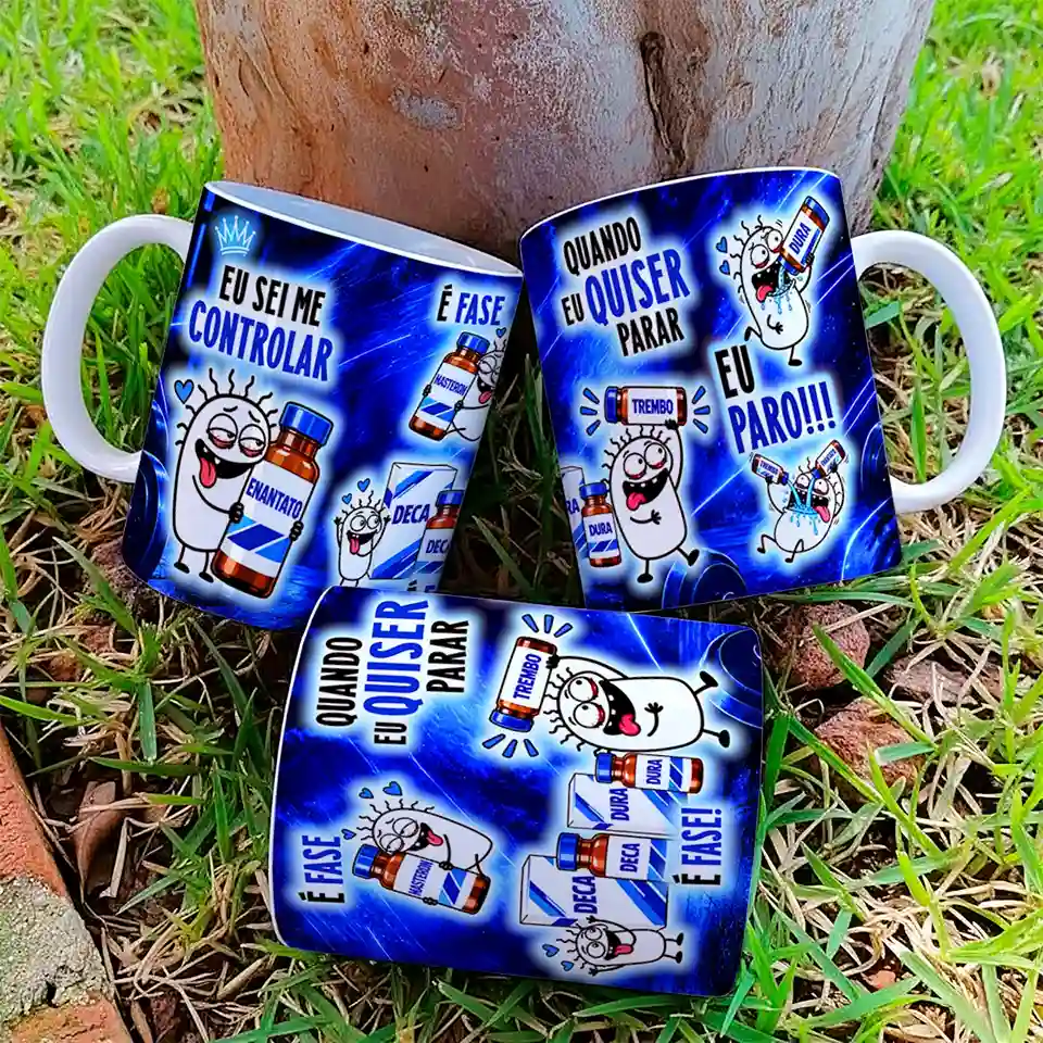 arte para caneca eu sei me controlar é fase enantato maromba flork, personagens Flork segurando frascos Enantato, Deca, Dura, Trembo e Masteron sobre fundo azul