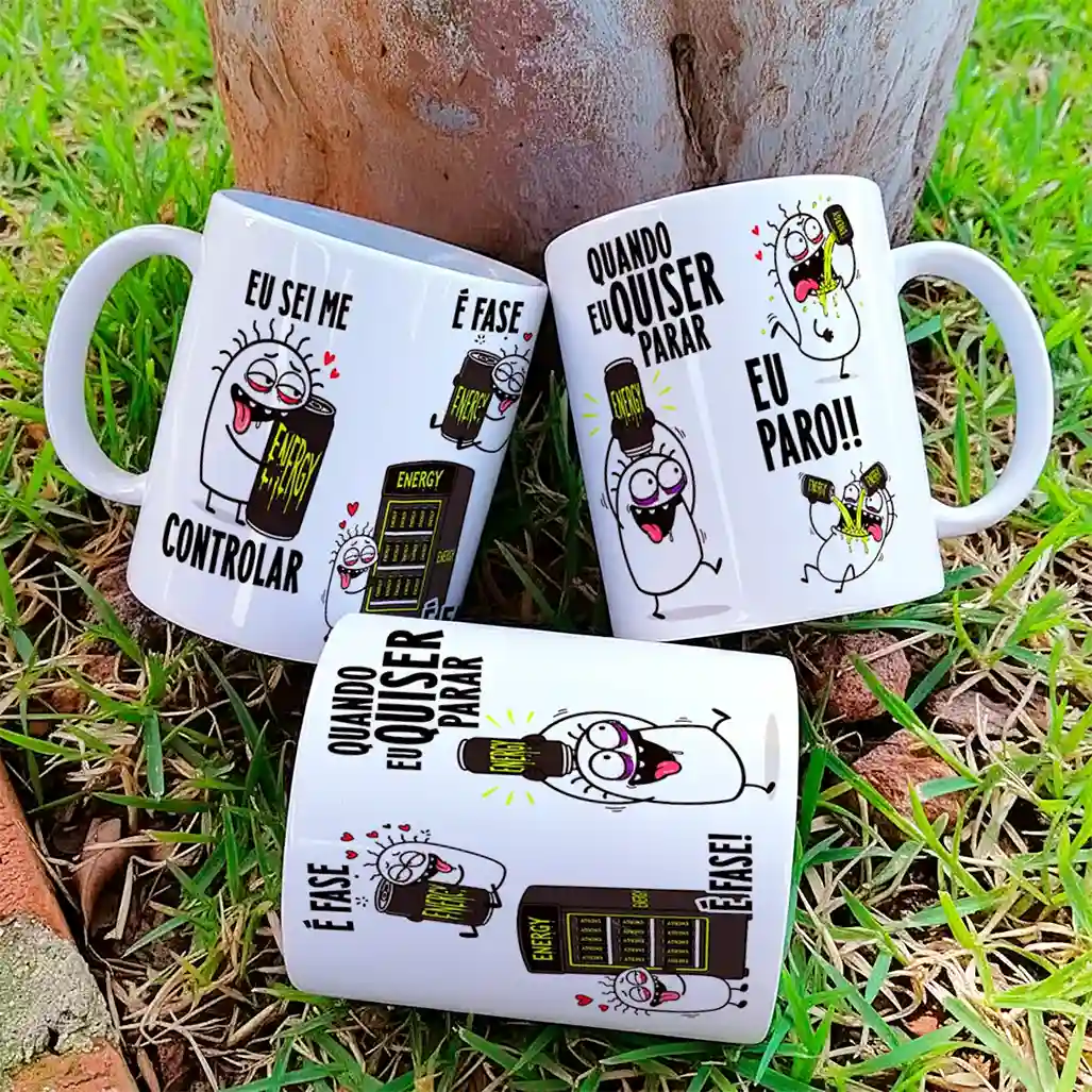 arte para caneca eu sei me controlar é fase energy flork com personagens Flork abraçando latas de energético ao lado das frases eu sei me controlar, é fase e quando eu quiser parar eu paro
