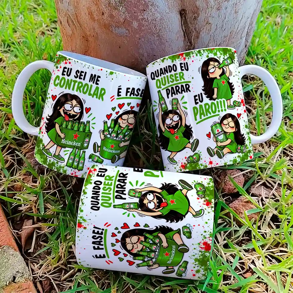 arte para caneca eu sei me controlar é fase Heineken menina, personagem segurando engradado, balde com garrafas e lata, com frases eu sei me controlar, é fase e quando eu quiser parar eu paro