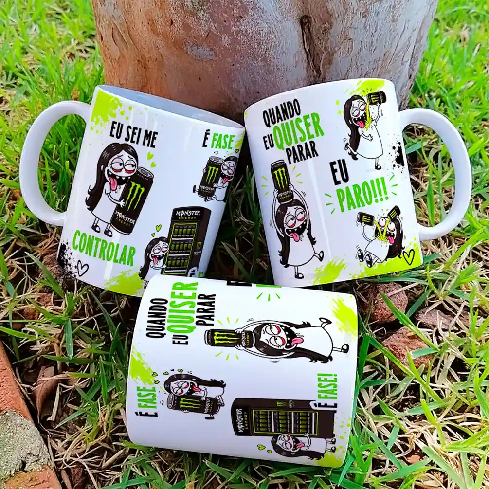 arte para caneca eu sei me controlar é fase monster flork feminina com personagens abraçando latas de energético ao lado das frases eu sei me controlar, é fase e quando eu quiser parar eu paro