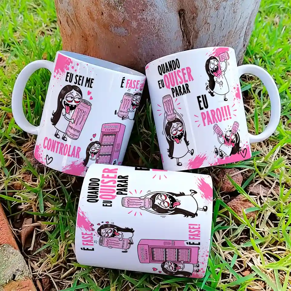 arte para caneca eu sei me controlar é fase monster rosa flork feminina com personagens abraçando latas de energético ao lado das frases eu sei me controlar, é fase e quando eu quiser parar eu paro