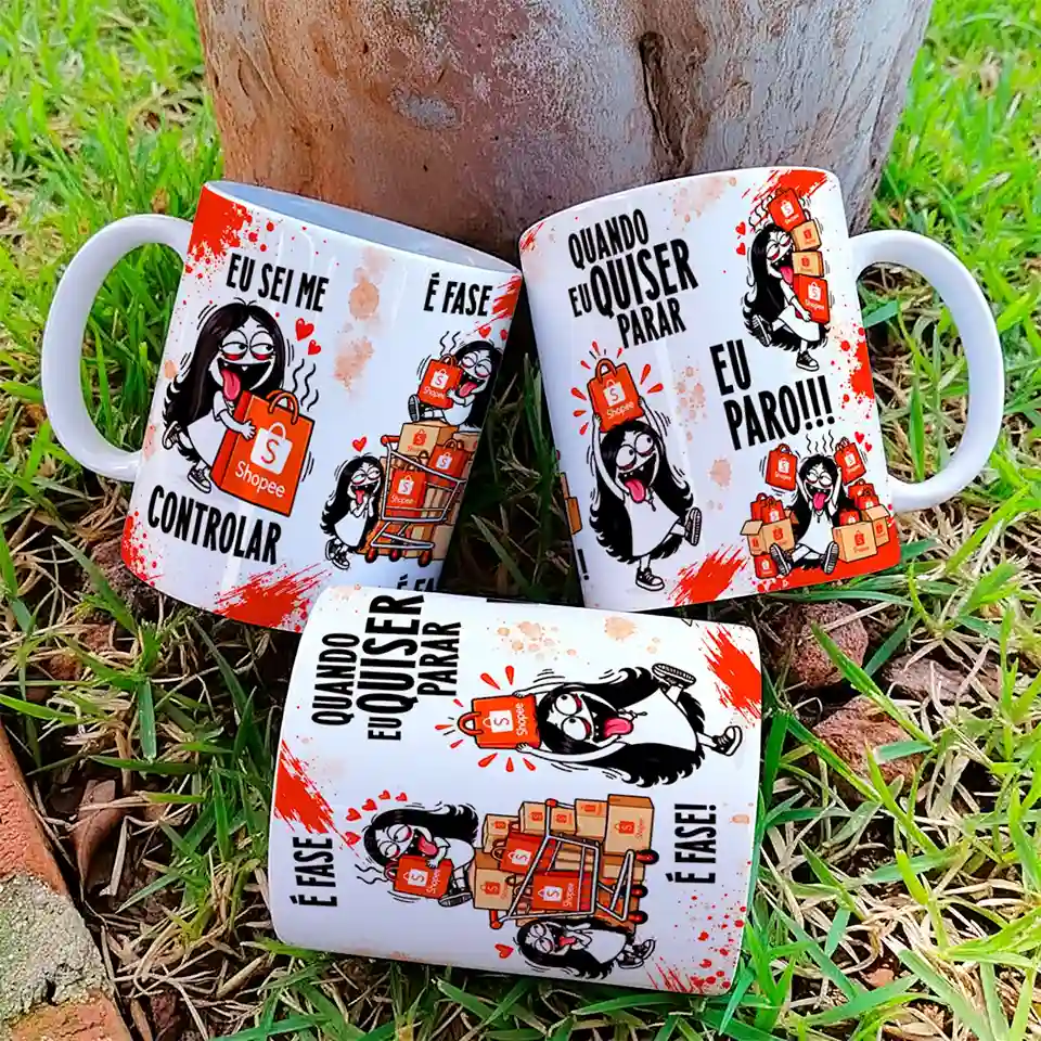 arte para caneca eu sei me controlar é fase shopee flork, com personagens Flork com sacolas e carrinho de compras da Shopee ao lado das frases eu sei me controlar, é fase e quando eu quiser parar eu paro