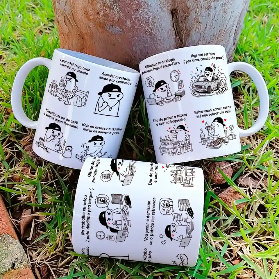arte para caneca levantei logo cedo virado no veneno: Flork em 10 quadrinhos narrando a rotina do trabalhador com mau humor até a comemoração de sexta-feira
