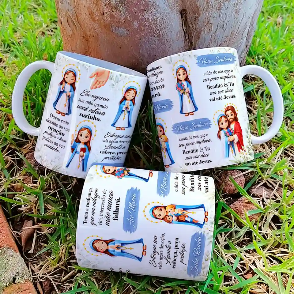 arte para caneca nossa senhora ave maria entregue sua vida nessa devoção com ilustrações de Nossa Senhora, flores e mensagens de fé, proteção e oração