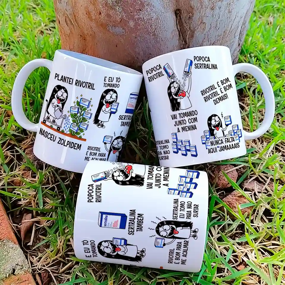 arte para caneca Plantei Rivotril Nasceu Zolpidem Flork Menina, com personagem regando plantas e segurando caixas de remédio, frases sobre calma e rotina