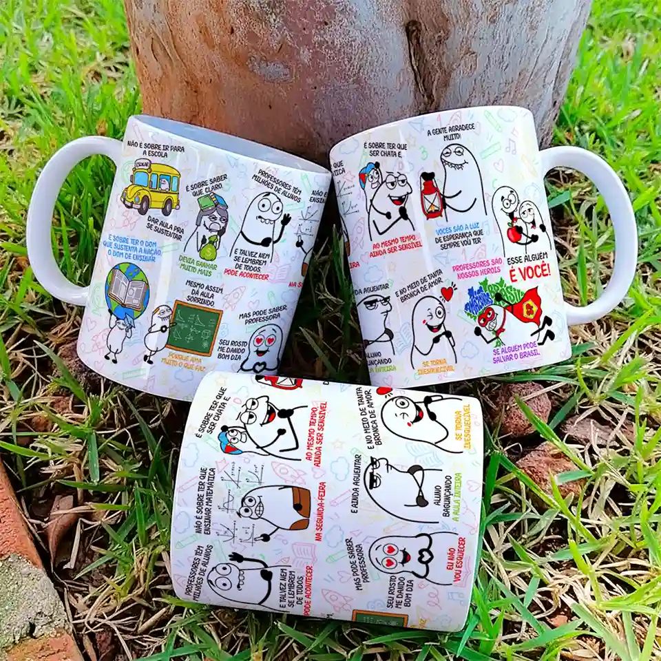 arte para caneca professora não é sobre ir para a escola dar aula, com personagens flork e frases de humor, carinho e reconhecimento aos professores