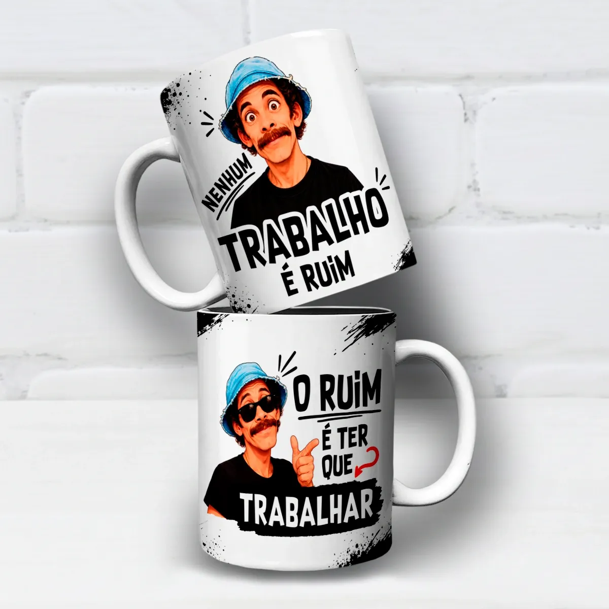 arte para caneca Seu Madruga Nenhum Trabalho é Ruim Ter Que Trabalhar, com ilustração do Seu Madrugada com chapéu azul e com óculos escuros, frases "Nenhum trabalho é ruim" e "O ruim é ter que trabalhar"