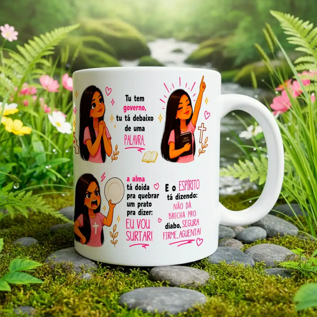 arte para caneca a alma tá doida pra surtar menina com frases divertidas, ilustrações de menina e mensagem de fé sobre aguentar firme