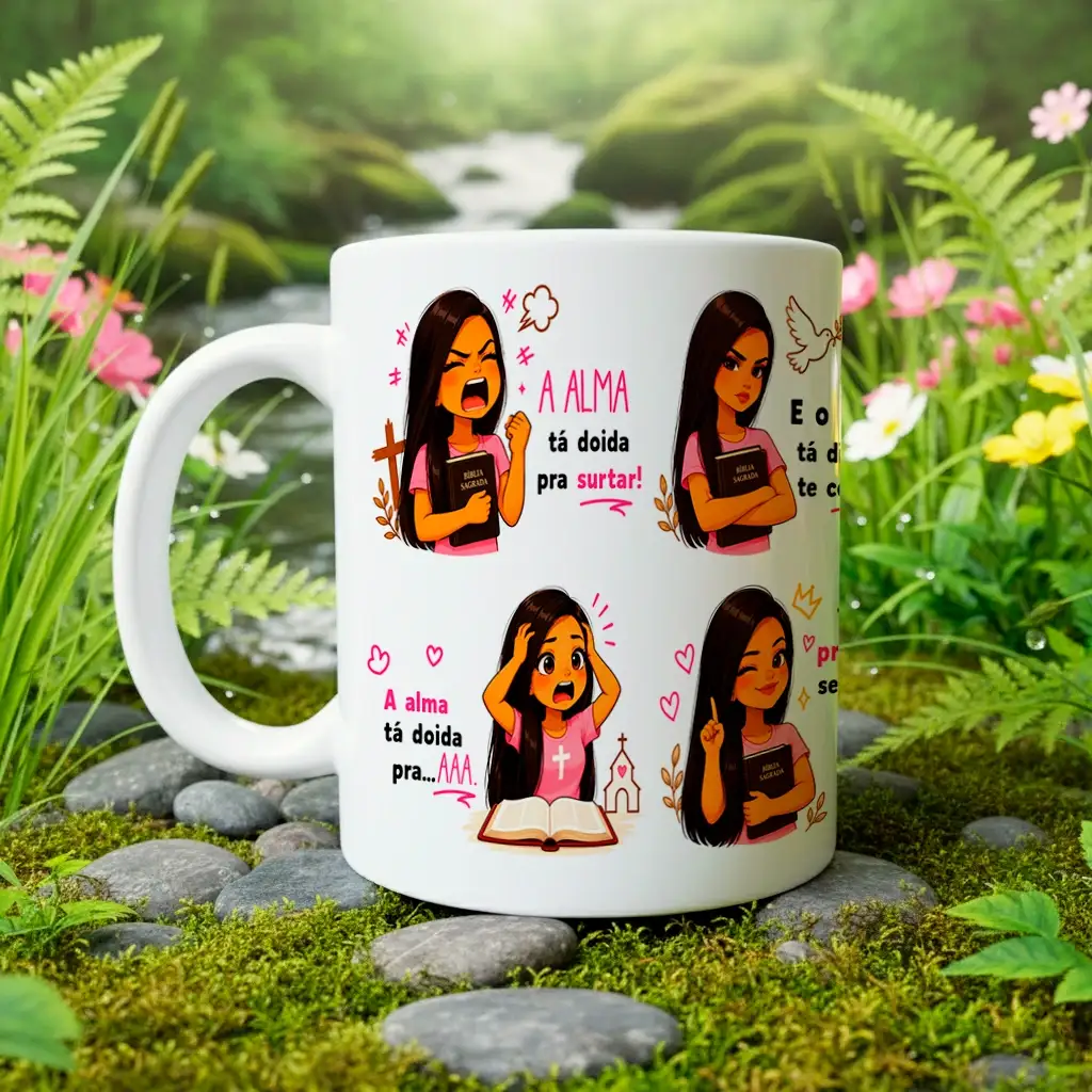 arte para caneca a alma tá doida pra surtar menina com frases divertidas, ilustrações de menina e mensagem de fé sobre manter a calma