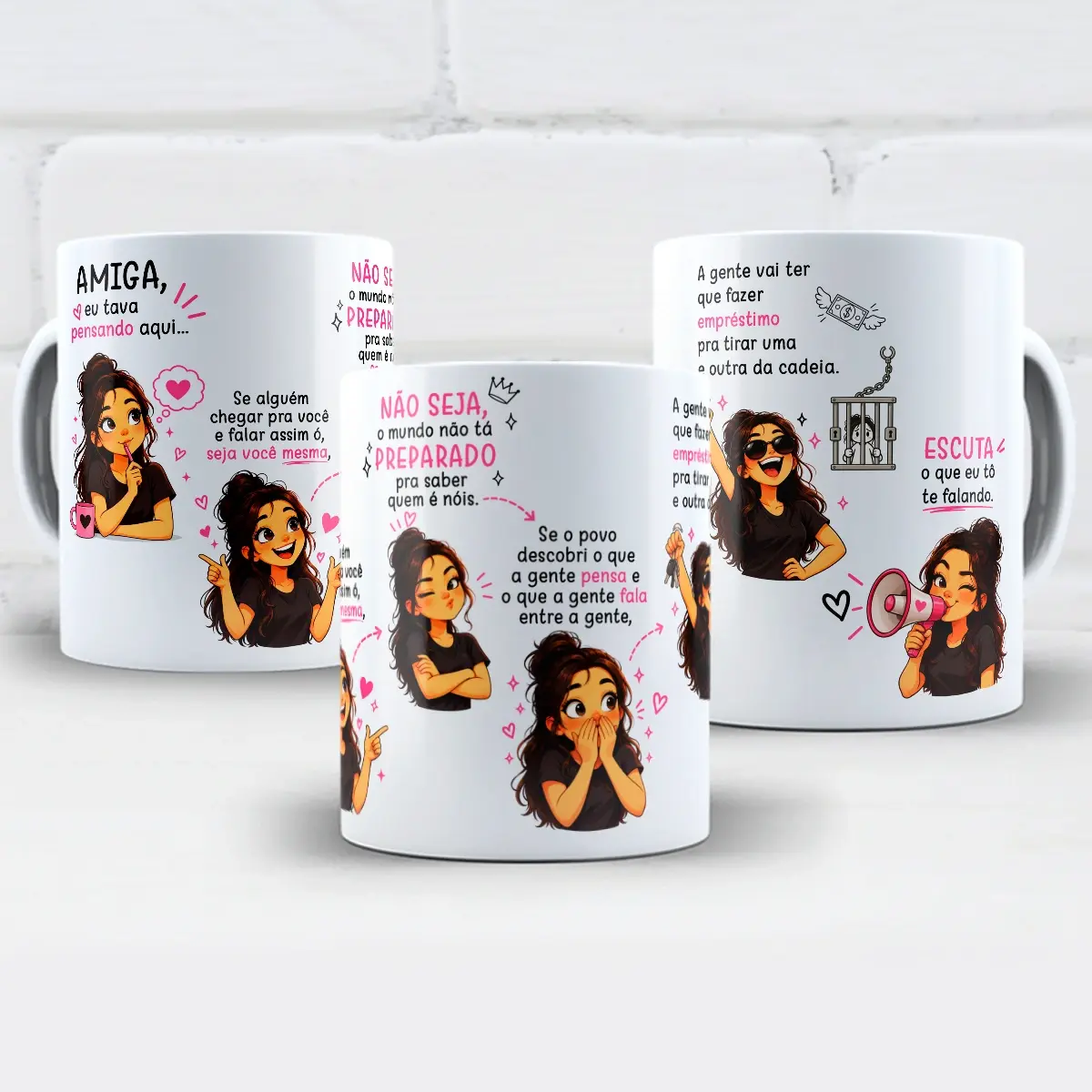 arte para caneca amiga eu tava pensando aqui menina com frases de humor sobre amizade e personagem feminina de camiseta preta em várias poses, com caneca, cadeia e megafone