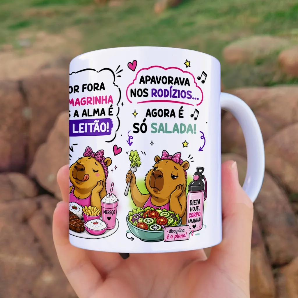 arte para caneca capivara bando de magra bonde do mounjaro, com frases de humor sobre dieta, boletos e rodízios entre amigas emagrecendo