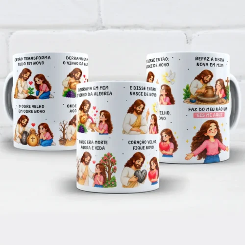 arte para caneca então transforma o odre velho em odre novo Jesus, com cenas de Jesus e uma menina, vinho, coração, pomba e cruz, e frases sobre renovação e fé