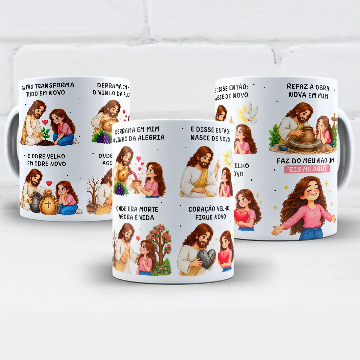 arte para caneca então transforma o odre velho em odre novo Jesus, com cenas de Jesus e uma menina, vinho, coração, pomba e cruz, e frases sobre renovação e fé