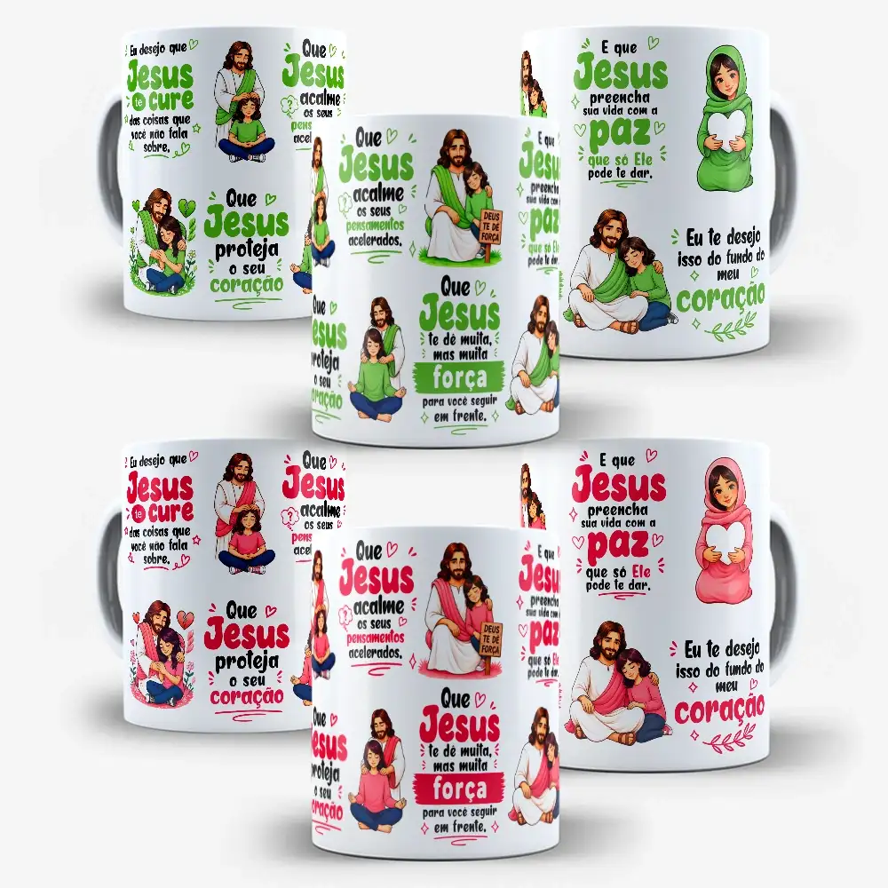 arte para caneca eu desejo que jesus te cure 2 versões em tons verde e vermelho, com ilustração de Jesus ao lado de uma menina e frase de fé e esperança