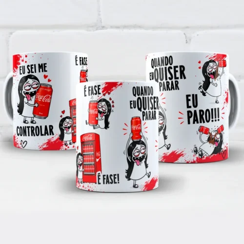 arte para caneca eu sei me controlar é fase coca cola flork menina com personagens abraçando latas de refrigerante ao lado das frases eu sei me controlar, é fase e quando eu quiser parar eu paro
