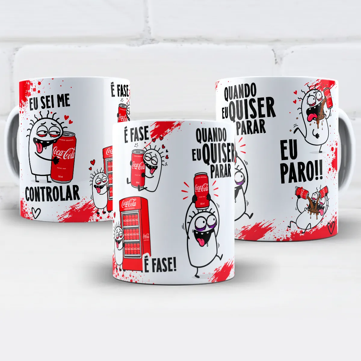 arte para caneca eu sei me controlar é fase coca cola flork com personagens abraçando latas de refrigerante ao lado das frases eu sei me controlar, é fase e quando eu quiser parar eu paro