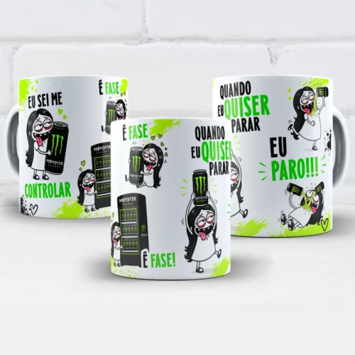 arte para caneca eu sei me controlar é fase monster flork feminina com personagens abraçando latas de energético ao lado das frases eu sei me controlar, é fase e quando eu quiser parar eu paro