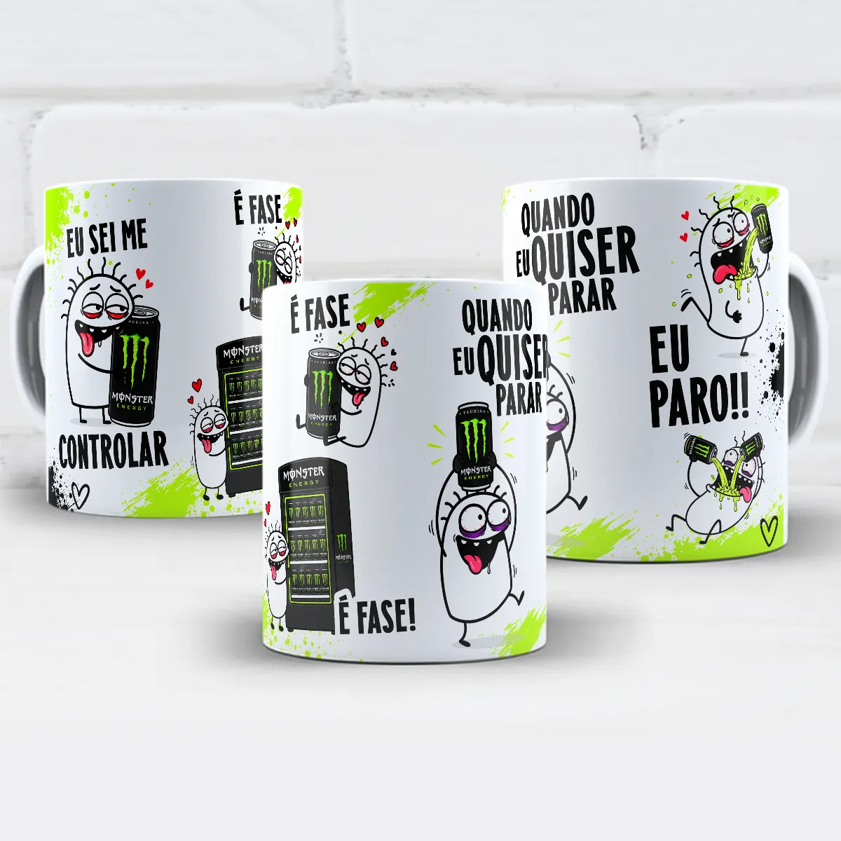 arte para caneca eu sei me controlar é fase monster flork com personagens abraçando latas de energético ao lado das frases eu sei me controlar, é fase e quando eu quiser parar eu paro