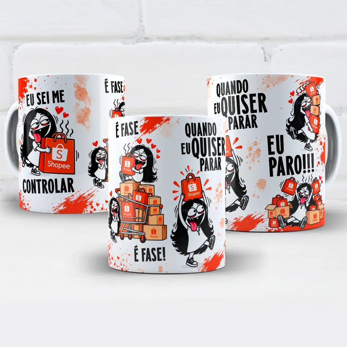 arte para caneca eu sei me controlar é fase shopee flork, com personagens Flork com sacolas e carrinho de compras da Shopee ao lado das frases eu sei me controlar, é fase e quando eu quiser parar eu paro