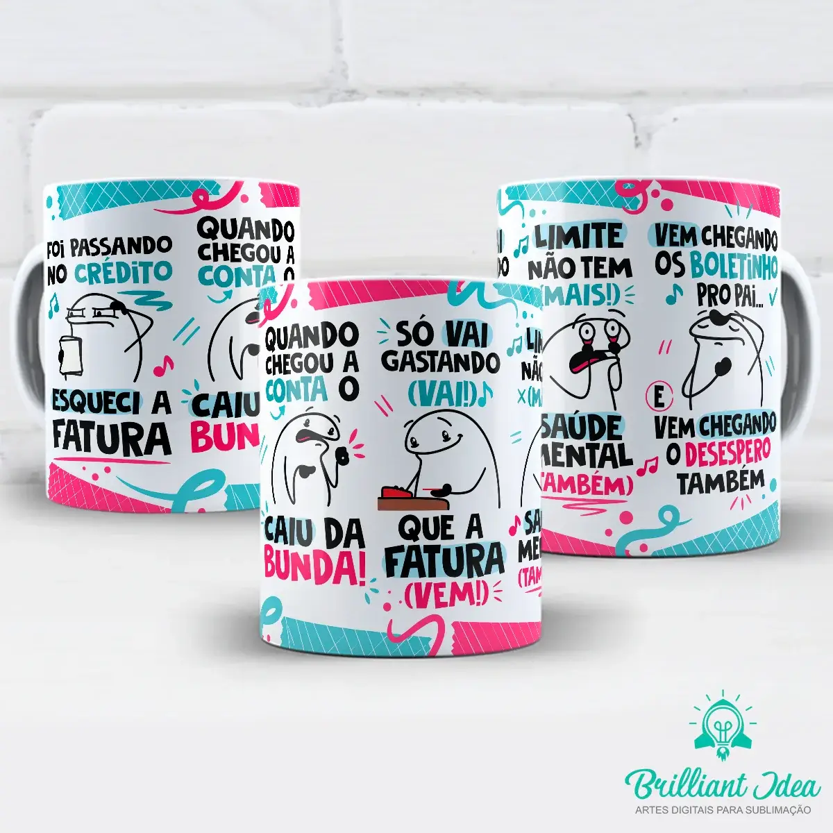 arte para caneca foi passando no crédito esqueci a fatura flork, personagens Flork com frases sobre gastar no cartão e o desespero ao chegar a fatura
