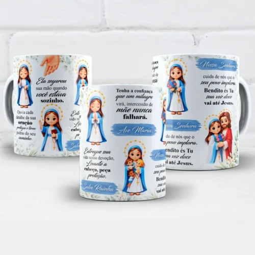 arte para caneca nossa senhora ave maria entregue sua vida nessa devoção com ilustrações de Nossa Senhora, flores e mensagens de fé, proteção e oração
