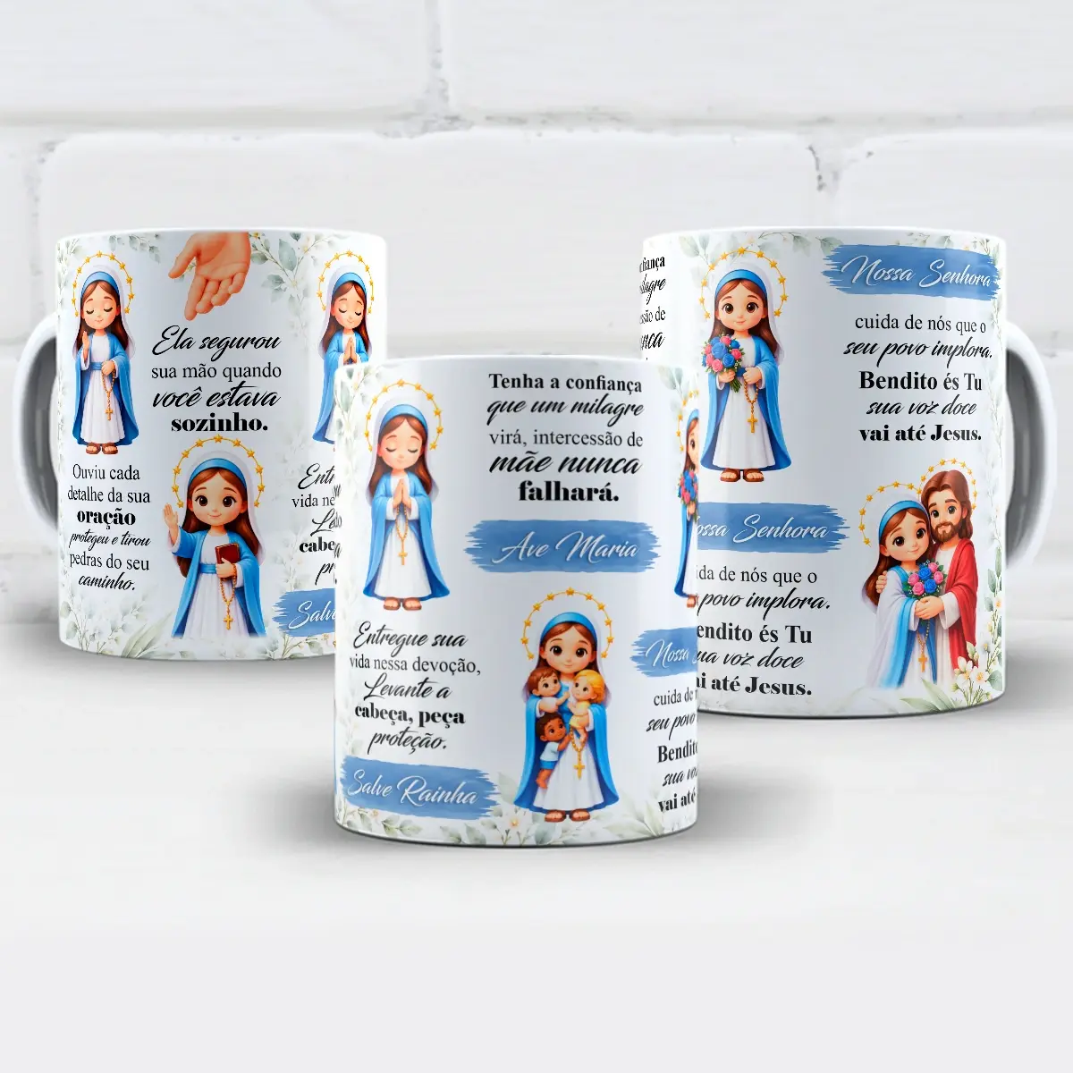 arte para caneca nossa senhora ave maria entregue sua vida nessa devoção com ilustrações de Nossa Senhora, flores e mensagens de fé, proteção e oração