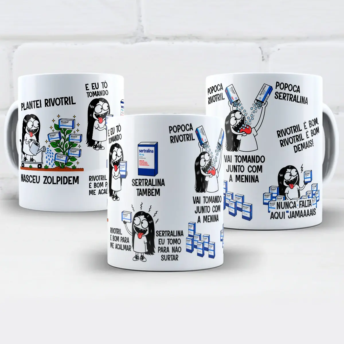 arte para caneca Plantei Rivotril Nasceu Zolpidem Flork Menina, com personagem regando plantas e segurando caixas de remédio, frases sobre calma e rotina