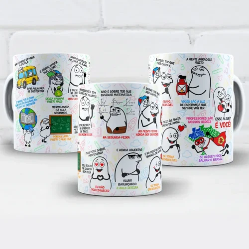 arte para caneca professora não é sobre ir para a escola dar aula, com personagens flork e frases de humor, carinho e reconhecimento aos professores